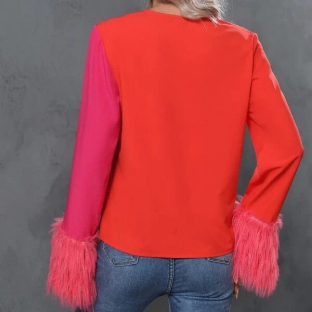 top trends colorblock blouse with faux furry fuzzy cuffs - Picture 2 of 9